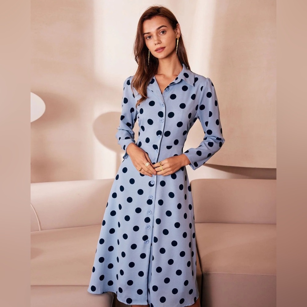 NWT RIHOAS Lapel Polka Dot Button Midi Dress Sz M